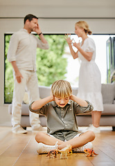 Image showing Divorce, fear and a boy with parents fighting in the living room of a home with stress or anxiety. Family, trauma or conflict and a child covering his ears while mom and dad argue about breakup