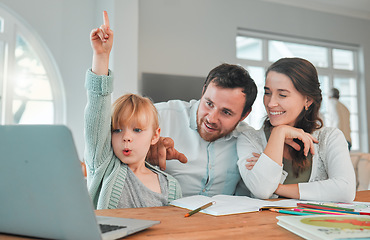 Image showing Parents, child and laptop video call or distance learning, online school for question virtual class. Girl, mother or father support in education connection or knowledge, information or development