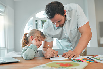 Image showing Father, girl and writing in book for homework, teaching or helping child in support at home. Dad or parent drawing with little kid for learning, education or homeschooling together on table at house