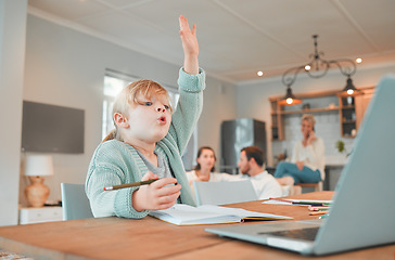 Image showing Girl, laptop and question in virtual class for elearning, education or answer in living room at home. Little child or kid with hand raised by computer for online learning, video call or FAQ at house