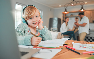 Image showing Family, child in headphones and online education, home e learning or virtual school with parents in living room. Portrait of girl writing, drawing and listening in video call or computer for language