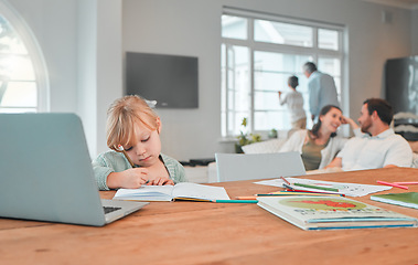 Image showing Homework, writing and child in home with laptop for online lesson, creative education and elearning with books. Family, school and young girl at table with computer, notebooks and pens for studying