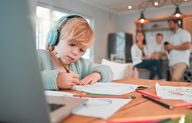 Image showing Child, headphones and drawing in kitchen at laptop in home for online class, distance studying or virtual learning help. Kid, music and study information or writing, reading or development at table