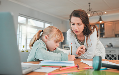 Image showing Woman, child and homework help in home for school education, learning notebook or parent support. Student, female person and paper for development reading or writing project, helping for info study