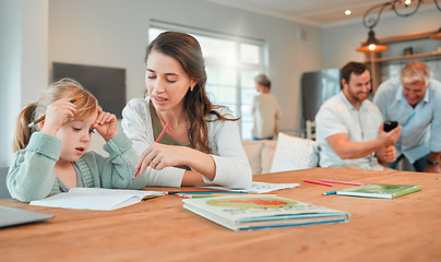 Image showing Mom, girl and writing for homework with learning, development and support with advice, pencil or books. Education, mother and daughter with help for assessment, progress and growth in family house