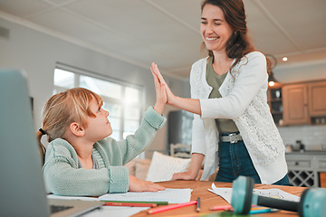 Image showing Mom, girl and high five in home with learning, development and support with smile, documents or laptop. Education, mother and daughter with cheers for achievement, progress or growth in online course