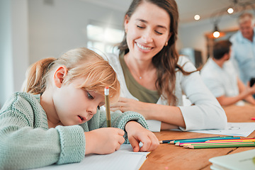 Image showing Mom, girl and writing for homework with book, development and studying with advice, pencil and smile. Education, mother and daughter with cheers for assessment, progress and growth in family house