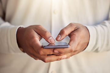 Image showing Person, hands and typing on smartphone, search social media app and update subscription. Closeup, cellphone user and download mobile games, scroll digital network or reading notification from contact