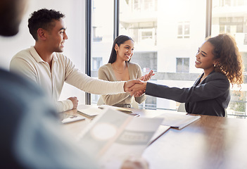 Image showing Handshake, applause and team of business people in office to offer deal, partnership and happy meeting. Collaboration, clapping and shaking hands for b2b integration, negotiation or celebrate success