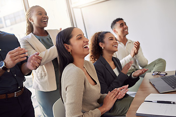 Image showing Business woman, applause and laugh with team in meeting, tradeshow or achievement of success, award or support. Happy employees clapping to celebrate presentation, seminar or funny feedback in office