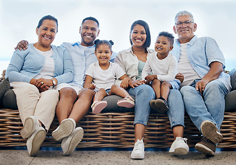 Image showing Portrait, home and family on a couch, happiness and relax with love, weekend break and generations. Grandparents, mother or father with children, kids and outdoor with joy, calm or cheerful with rest