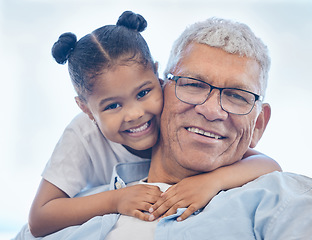 Image showing Portrait, hug and happy child, grandfather and young girl support, care and smile with trust and love grandpa. Blue sky, family embrace and face of senior person bonding, freedom and relax with kid