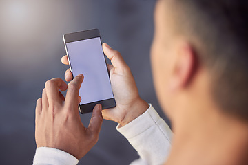 Image showing Person, hands and space on screen of phone of information, newsletter notification or social media post from above. Closeup, smartphone or UX mockup for announcement, download or subscription at home