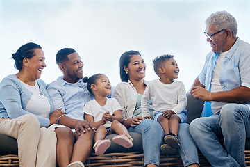 Image showing Love, big family and happy kids, parents and grandparents with mom, dad or sibling care, support and smile. Outdoor sofa, mother and relax senior grandma, elderly grandpa and father bonding together