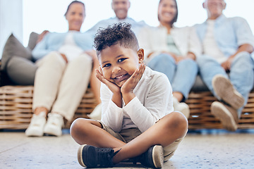 Image showing Home portrait, love and happy family child, parents and grandparents bond together with youth care, support and smile. Living room floor, happiness and apartment boy, son or young kid relax in lounge