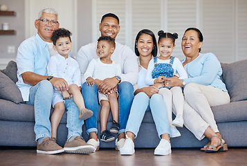 Image showing Portrait, home and family on a couch, relax and cheerful with love, weekend break and generations. Grandparents, mother or father with children, kids and rest with joy, calm and happiness in a lounge