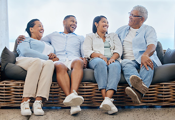 Image showing Happy family, together and laugh on couch at home, outdoors or backyard for funny joke, story or memory. Mature parents, young couple and smile on face for bonding, relationship and care with embrace