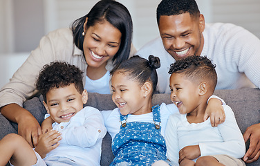 Image showing Home, love and happy family children, parents and relax together with mom, dad and sibling care, support and smile. Living room sofa, happiness and apartment mother, father and young kids bonding