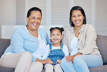 Image showing Woman, happy family and generations in portrait on sofa with smile for memory, milestone or growth. Grandma, mom and little girl in living room for love, support or together by care for relationship