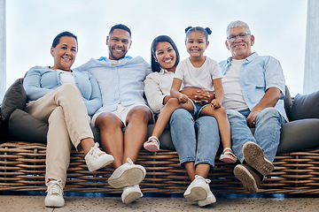 Image showing Portrait, home and family on a couch, smile and relax with happiness, weekend break and generations. Grandparents, mother or father with children, kids and rest with joy, calm and love in a lounge
