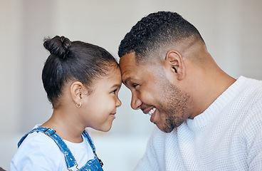 Image showing Child, face profile and happy family father, papa or Brazil man care, support and home happiness for young girl. Youth daughter, forehead and apartment dad bonding, smile or parent connect with kid