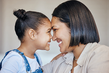 Image showing Child, face and happy with family mother, mama or Mexican woman care, support and home happiness for young girl. Youth daughter, motherhood and apartment mom bonding, smile and connect with kid