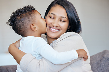 Image showing Hug, kiss and happy family kid, mom and mama care, support and smile for young youth boy on home living room couch. Security, affection and Costa Rica mother bonding, trust and love embrace for child