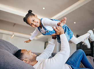 Image showing Father, child and airplane play at home, fun and bonding in childhood, love and smile for freedom. Happy, dad and daughter on couch, flying and portrait or face, joy and excited for fantasy game