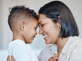 Image showing Kid, forehead touch and happy family mom, mama or woman care, support and young boy in Mexico vacation home. Youth son, face profile and Mothers Day bond, smile or Mexican parent connect with child