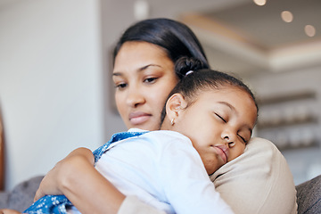 Image showing Mother, daughter or sleeping on couch with worry, fatigue or comfort in mental health in home. Little girl, woman and relax on sofa with tired child, care support and wellness with thinking in house