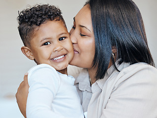 Image showing Portrait, kiss and happy family kid, mom and mama care, support and smile for young boy in Mexico vacation home. Security, affection and face of Mexican mother bonding, trust and love for youth child