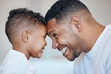 Image showing Child, forehead touch and happy family dad, papa or Costa Rica man care, support and home happiness for young boy. Youth son, face profile and Fathers Day bonding, smile or parent connect with kid