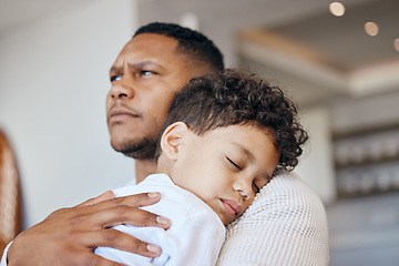 Image showing Father, son and sleeping on couch with worry, fatigue and comfort care in mental health in home. Little boy, man and relax on sofa with tired child, love support and wellness with thinking in house