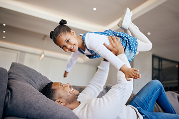 Image showing Father, child and airplane play on couch, fun and bonding in childhood, love and smile for freedom. Happy, dad and daughter at home, flying and support or portrait, joy and excited for fantasy game