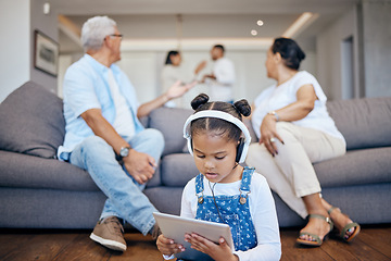 Image showing Child, listening to headphones and tablet with parents fighting in lounge, argue and shout for problems. Broken home, trauma and mental health issue for kid, hear or streaming and grandparents