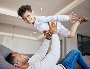 Image showing Dad, child and airplane play on couch, fun and bonding in childhood, love and smile for freedom. Happy, father and son at home, flying and portrait or support, joy and excited for fantasy game