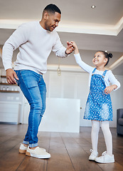 Image showing Dance, love or energy with a father and daughter having fun in the living room of a home together. Family, smile or happy with a man and an excited girl child moving in their apartment for freedom