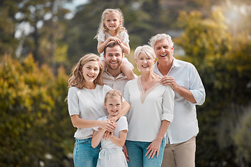 Image showing Portrait of big family in park with smile, grandparents and parents with kids together in backyard. Nature, happiness and men, women and children in garden with love, support and outdoor bonding.