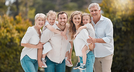 Image showing Portrait of big family in park with grandparents and parents with kids in backyard together. Nature, happiness and men, women and children with smile in garden with love, support and outdoor bonding.