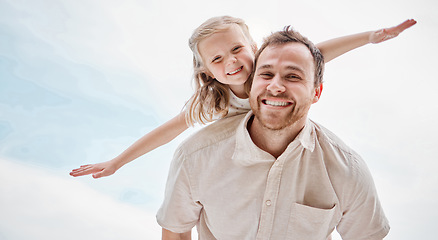 Image showing Portrait, child and father playing as a plane outdoor in summer, blue sky and together in game. Bonding, dad and kid flying on shoulder with freedom on vacation, holiday or weekend with a smile