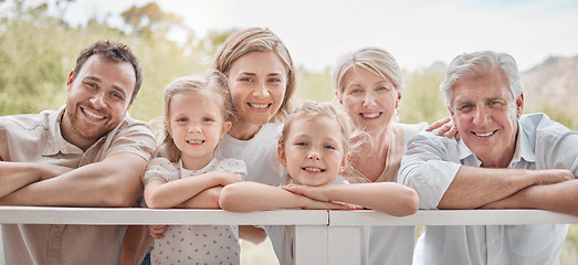 Image showing Happy family, portrait and outdoor for bonding together, parents and kids with pov, summer and face. Holiday, love and grandparents with smile, childhood memories and cheerful for vacation