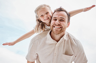 Image showing Portrait, child and father playing as a plane outdoor in summer, blue sky and happiness together. Bonding, dad and kid flying on shoulder with freedom on vacation, holiday or weekend with a smile