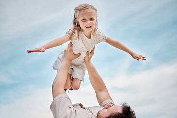 Image showing Child, playing and portrait with father as a plane outdoor in summer, blue sky and together in game. Bonding, dad and kid flying with support or freedom on vacation, holiday or weekend with happiness