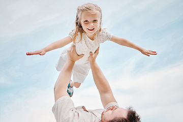 Image showing Child, playing and portrait with father as a plane outdoor in summer, blue sky and happiness together. Bonding, dad and kid flying with support and freedom on vacation, holiday or weekend with smile