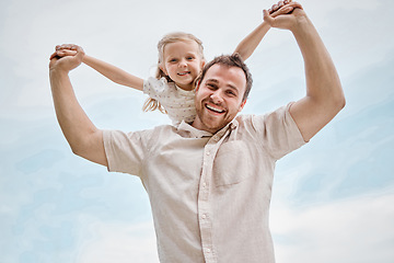 Image showing Portrait, child and father playing as a plane outdoor in summer, blue sky and happiness together. Bonding, dad and kid flying on shoulders with freedom on vacation, holiday or weekend with a smile