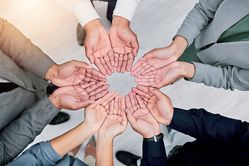 Image showing Hands, diversity circle and business people together in support, team building collaboration or colleague trust. Top view, corporate group meeting and cooperation, synergy or teamwork solidarity.