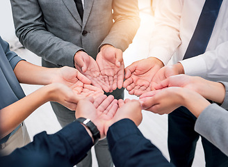 Image showing Hands, circle and collaboration in solidarity, business and support in project, community and trust. Together, people and teamwork in workplace, motivation and hope for future, company and growth