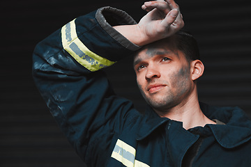 Image showing Firefighter, tired and man thinking of job on a black background with fatigue. Mexican male person, exhausted and fireman with future vision for rescue trouble and stress in a professional uniform