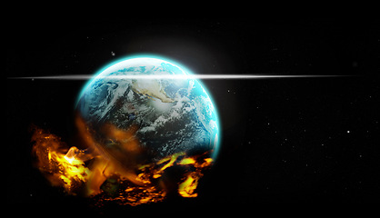 Image showing Space, planet earth on fire and global warming for world crisis, environmental problem and universe. Science, atmosphere and pollution with toxins, aerospace and astronomy for climate change