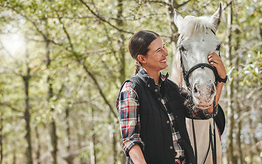 Image showing Happy woman with horse standing in forest, nature and love for animals, pets or dressage with trees in mockup space. Equestrian sport, jockey or rider in woods for adventure, pride and smile on face.